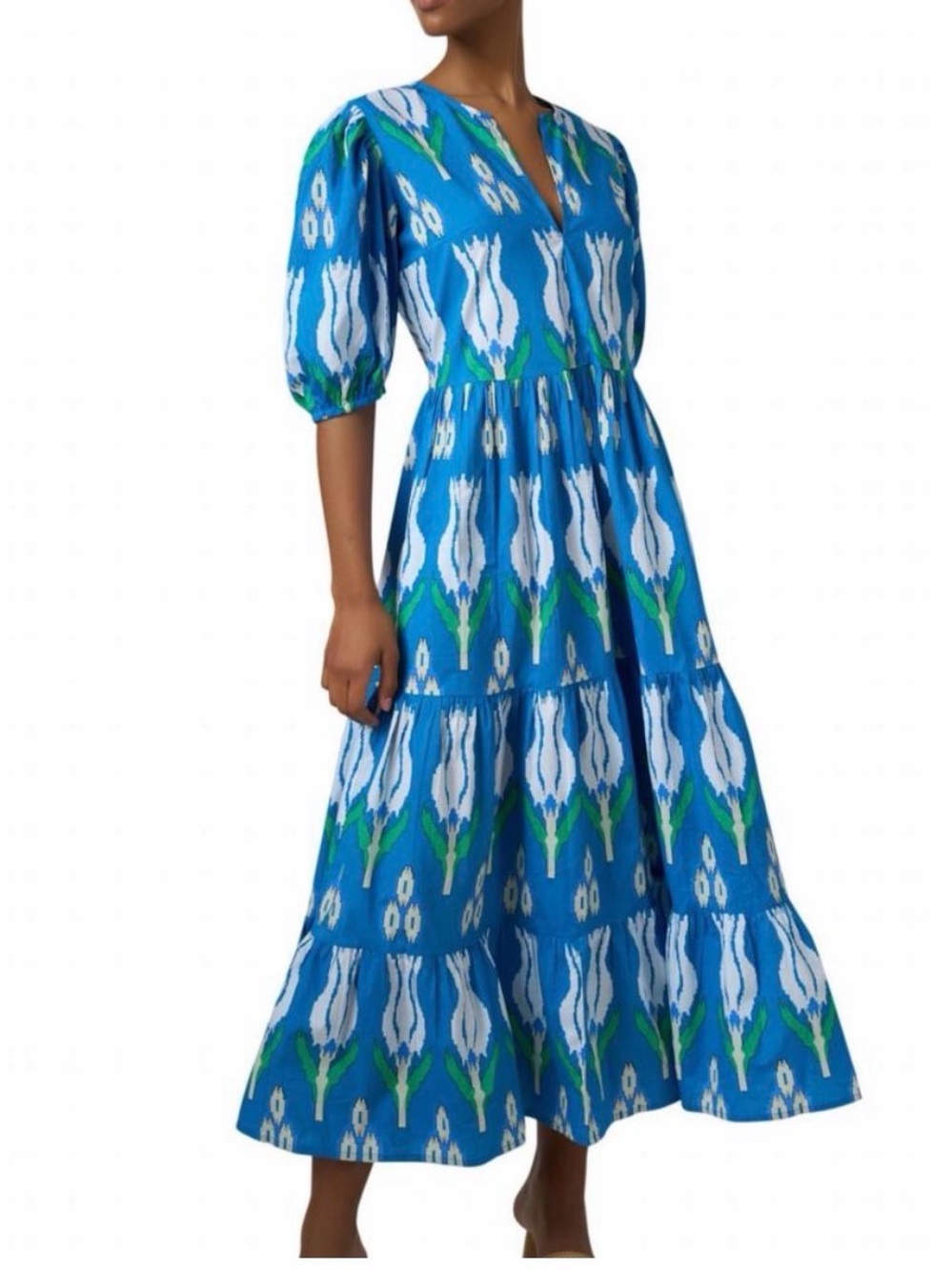 Oliphant Printed Tulip Puff Sleeve Maxi dress in Blue Size Medium